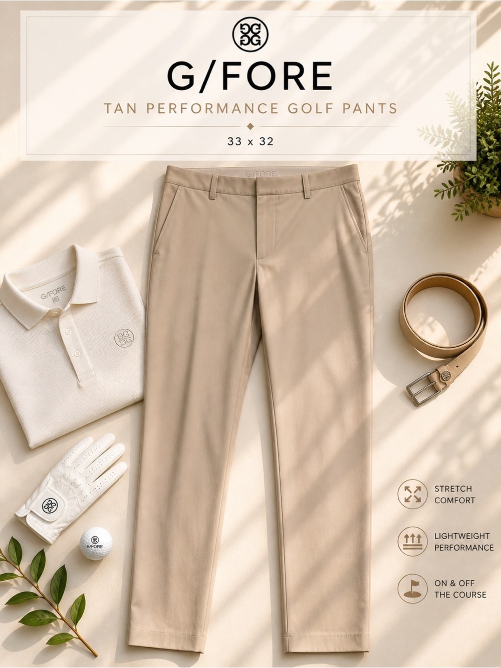 G/FORE Tan Performance Golf Pants 33x32 Lightweight Stretch Classic Fit